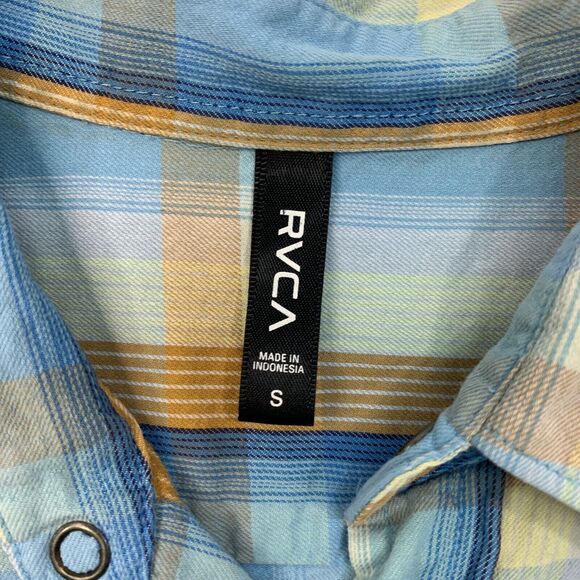 RVCA Shirt Mens S Small Blue Cotton Plaid Snap Button Western Chest Pockets - Picture 4 of 10